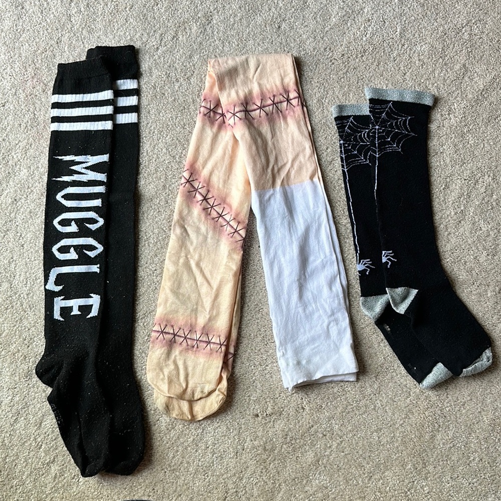 Set of 3 costume socks. Scar nylons, over the knee Muggle socks, spider socks